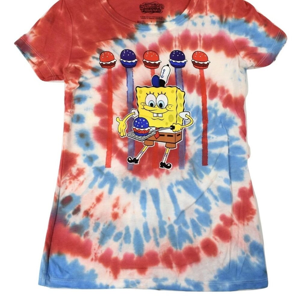 Spongebob Squarepants Juniors America Burgers Patriotic Tie Dye Shirt New - Picture 2 of 4